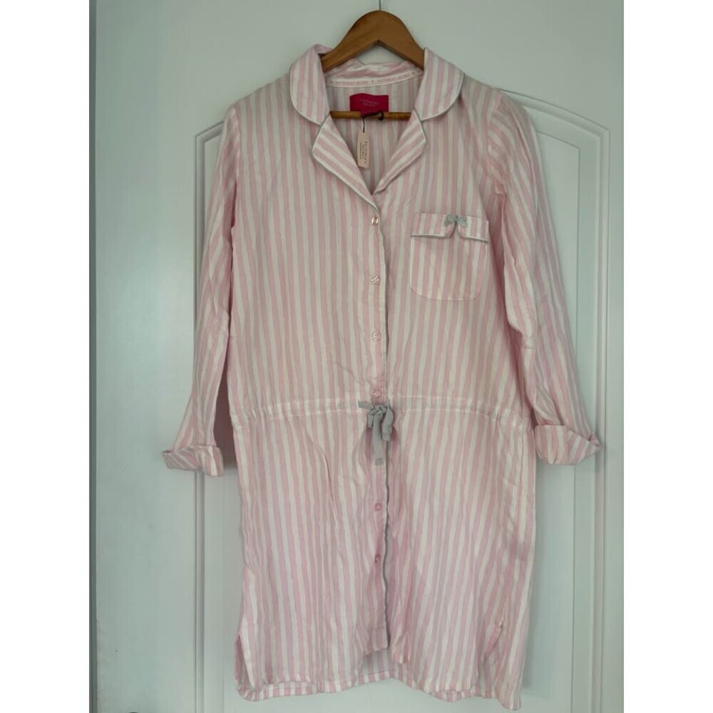 NWT Victoria's Secret Pink White Striped Long Sleeve Pajama Shirt Dress Drawstri